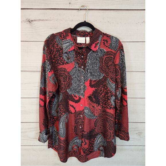 Chico's Women's Black Red Printed Crinkle Long Sleeve Button Down Blouse Size L - Picture 1 of 6